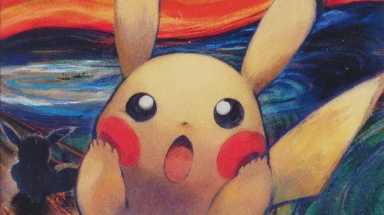 Pokemon cards - A pikachu screaming while running from an Eevee.