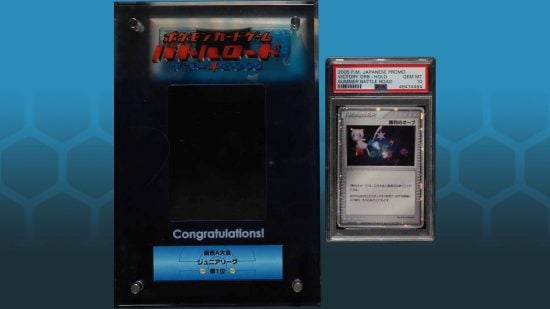 Mew Victory Orb, a rare Pokemon card, and its original trophy case