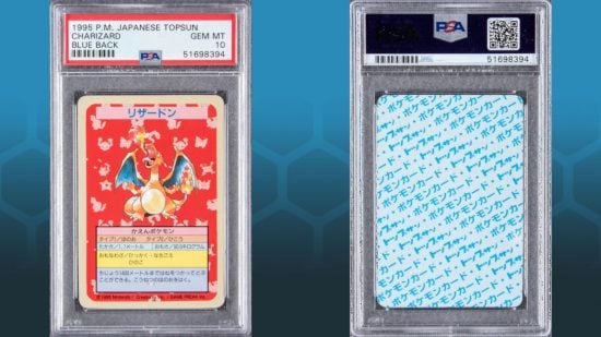 The front and back of a graded Topsun Charizard, one of the most rare Pokemon cards