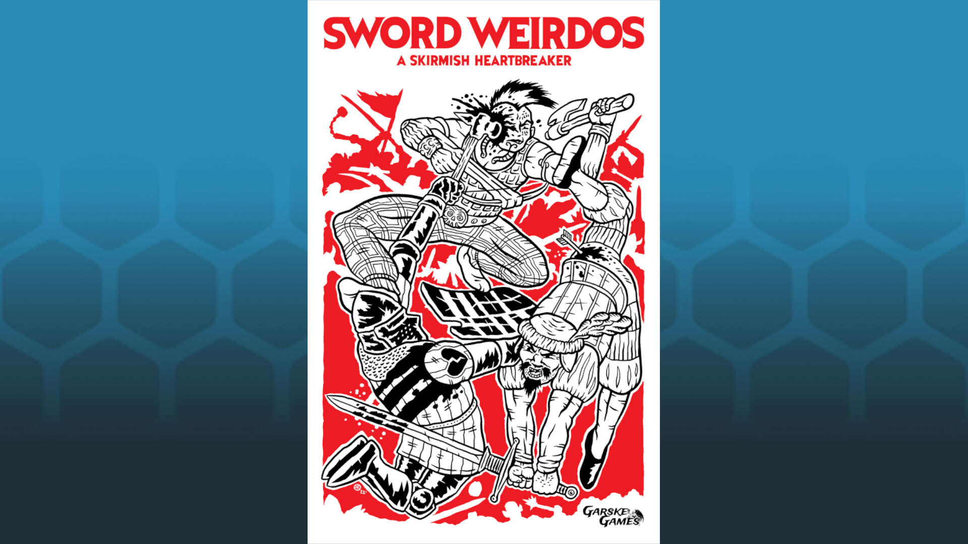 Sword Weirdos is like Warhammer but smaller and weirder - cover art by Łukasz Kowalczuk, three fantasy warriors fighting