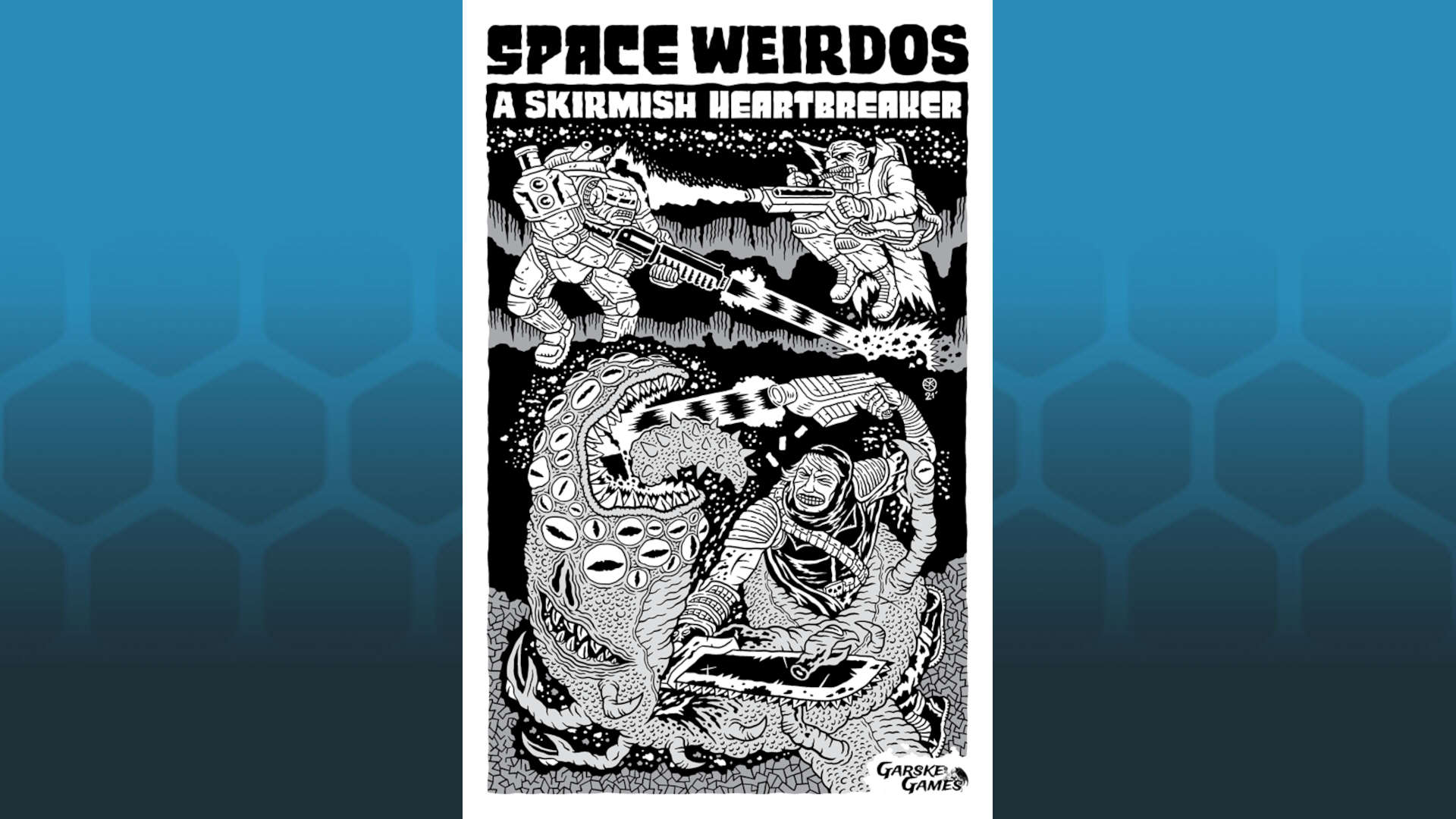 Sword Weirdos is like Warhammer but smaller and weirder - cover art of Space Weirdos by Łukasz Kowalczuk, three sci fi warriors fighting