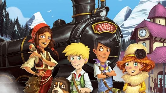 Days of Wonder teases Ticket to Ride Legacy - cover art from Ticket to Ride First Journey by Jean-Baptiste Renaud, four children and a dog standing in front of a steam train