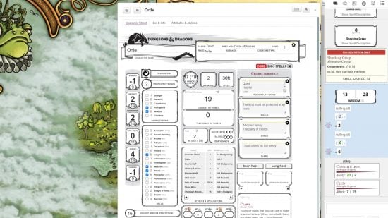 Chat box and character sheet from Roll20, one of the best virtual tabletops