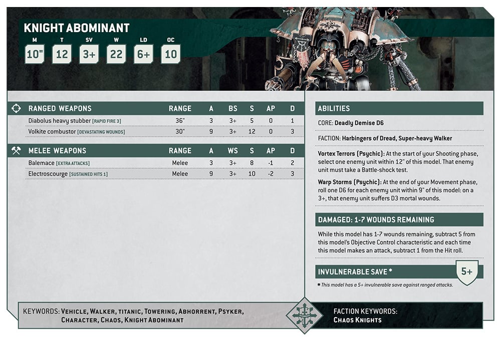 Warhammer 40k 10th edition rules for Chaos Knights - the Knight Abominant datasheet