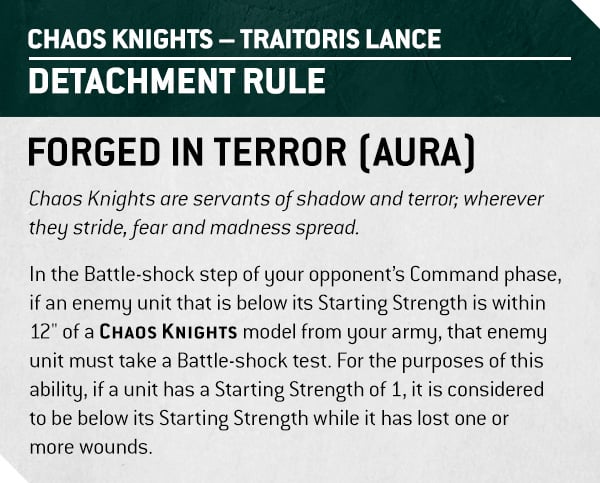 Warhammer 40k 10th edition rules for Chaos Knights - the Traitoris Lance detachment's Forged in Terror army rule