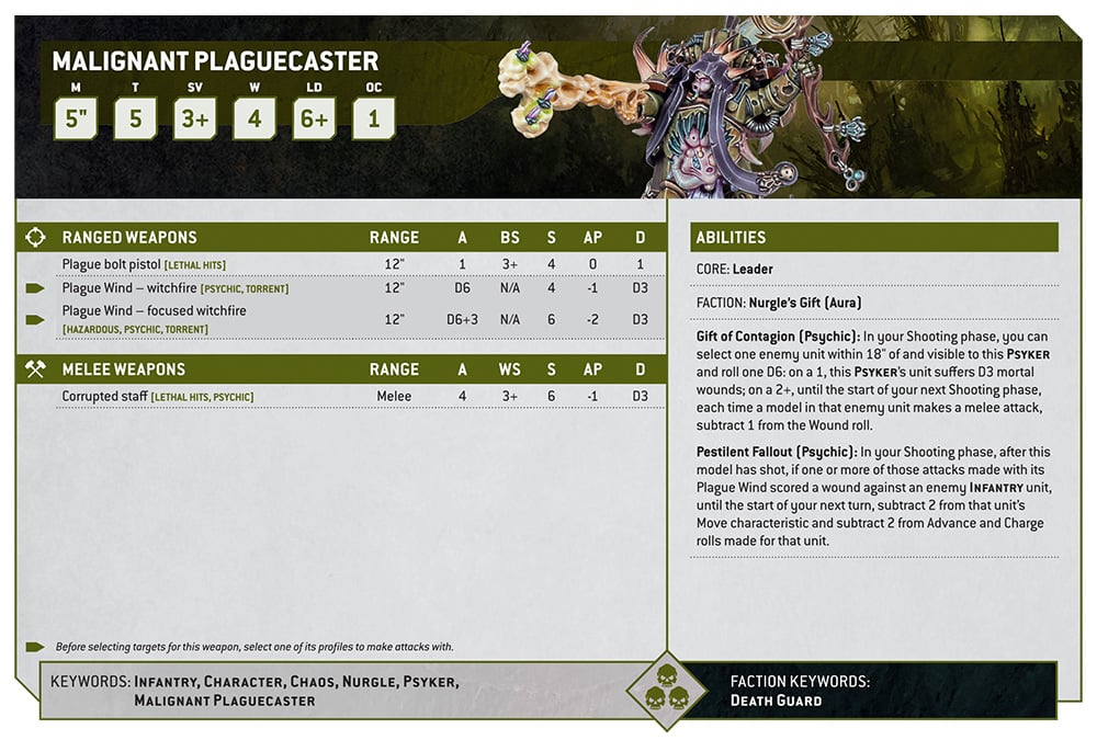 Warhammer 40k 10th edition Death Guard Malignant Plaguecaster datasheet by Games Workshop