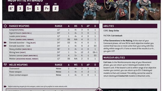 Warhammer 40k 10th edition Genestealer Cults Neophyte Hybrid datasheet by Games Workshop