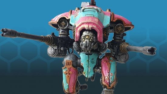 Building bad army lists with Warhammer 40k 10th edition points Imperial Knights Armiger Helverin, a bipedal warmachine with two huge shoulder mounted cannons and a hunched carapace, in pink and cyan armour