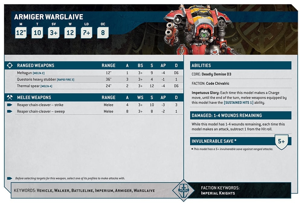 Warhammer 40k 10th edition Imperial Knights rules - Armiger Warglaive datasheet