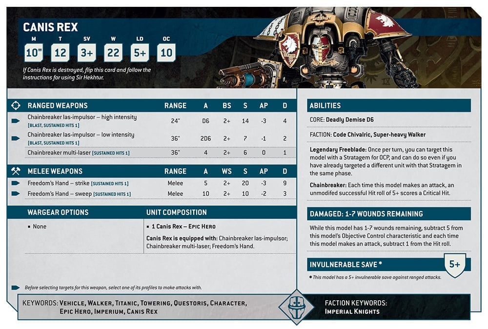 Warhammer 40k 10th edition Imperial Knights rules - Canis Rex datasheet