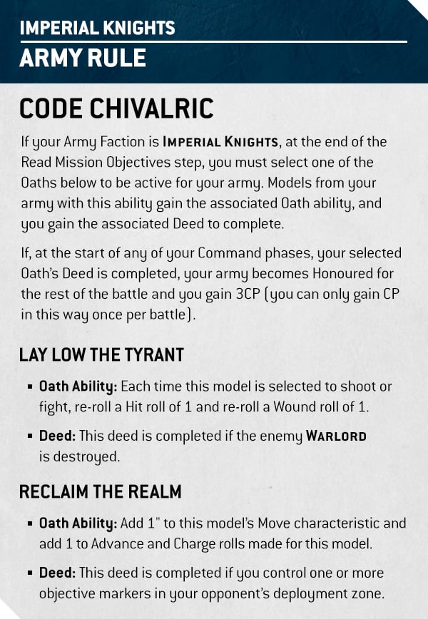 Warhammer 40k 10th edition Imperial Knights rules - Code Chivalric faction rules