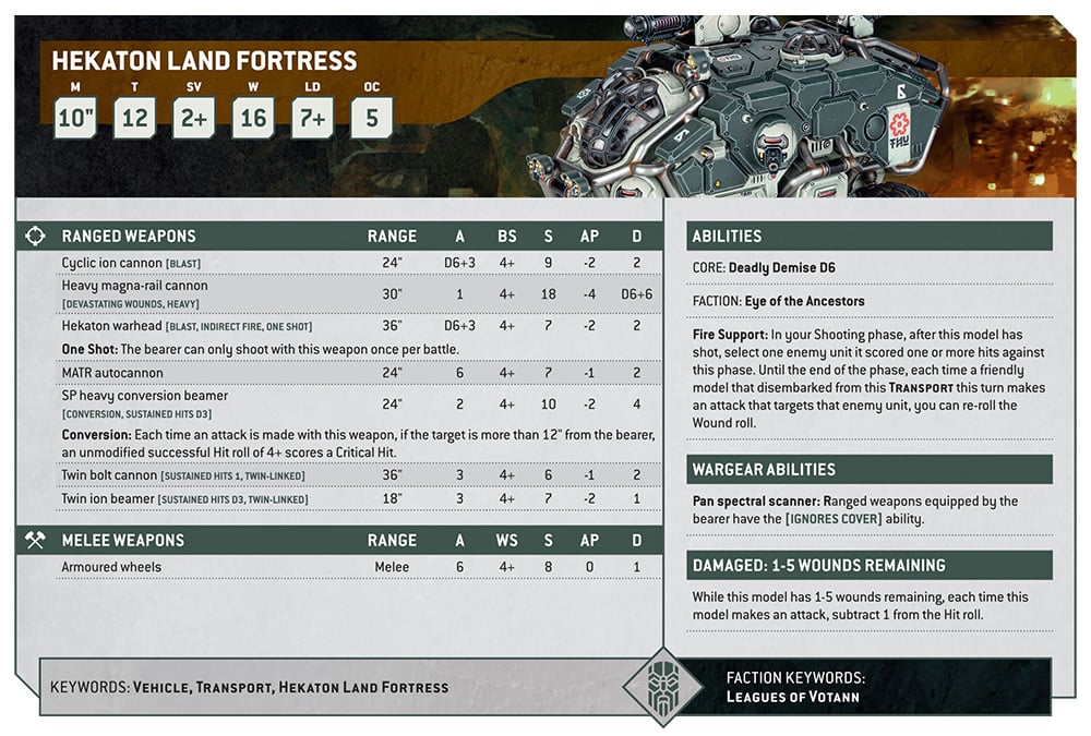 Warhammer 40k 10th edition Leagues of Votann Hekaton Land Fortress datasheet by Games Workshop
