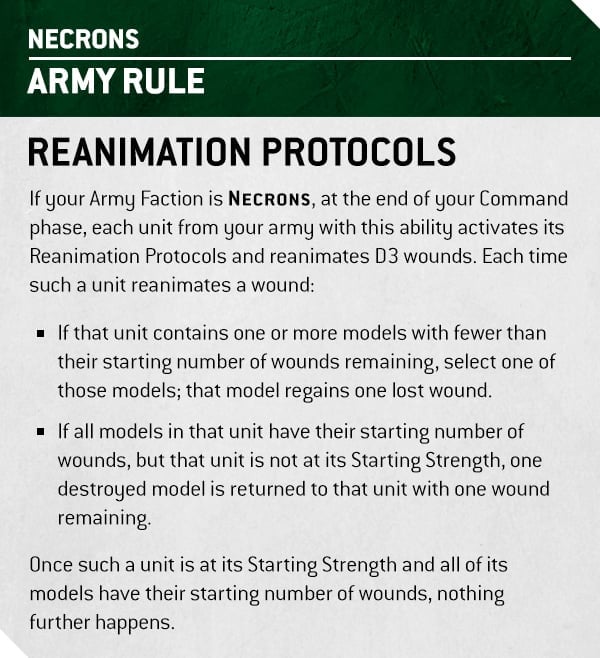 Warhammer 40k 10th Edition Necrons rules revealed - Warhammer Community image showing the new Necrons army rule, Reanimation Protocols - simplified from 9th Edition