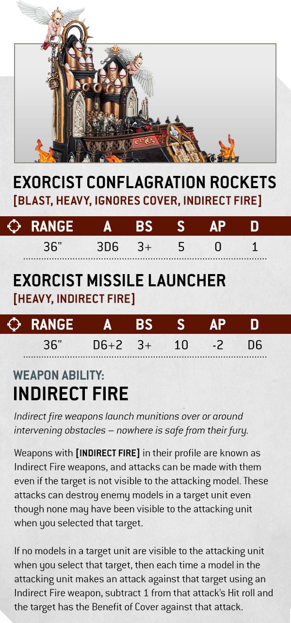 Warhammer 40k 10th edition Sisters of Battle weapon stats for the Exorcist missile launche, by Games Workshop