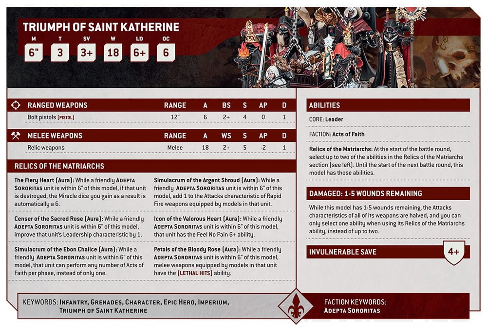 Warhammer 40k 10th edition Sisters of Battle datasheet for the Triumph of St Katherine, by Games Workshop