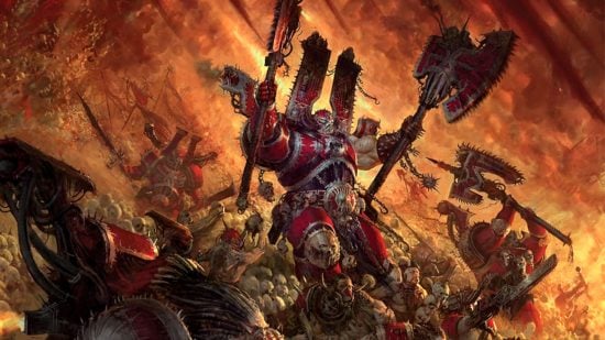 Warhammer 40k 10th edition World Eaters art by Games Workshop - a Khorne Berzerkercharges into battle, huge chainaxes in each hand