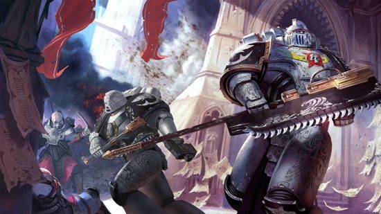 Warhammer 40k illustrator job - illustration of Carcharadron Astra Space Marines in grey relic armour wielding a huge chain axe