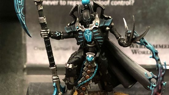 Warhammer 40k Necron lord of the Flayerszahkt Dynasty - a black and teal Necron from a custom dynasty designed by Samuel Badcock via a Make a Wish partnership with Games Workshop