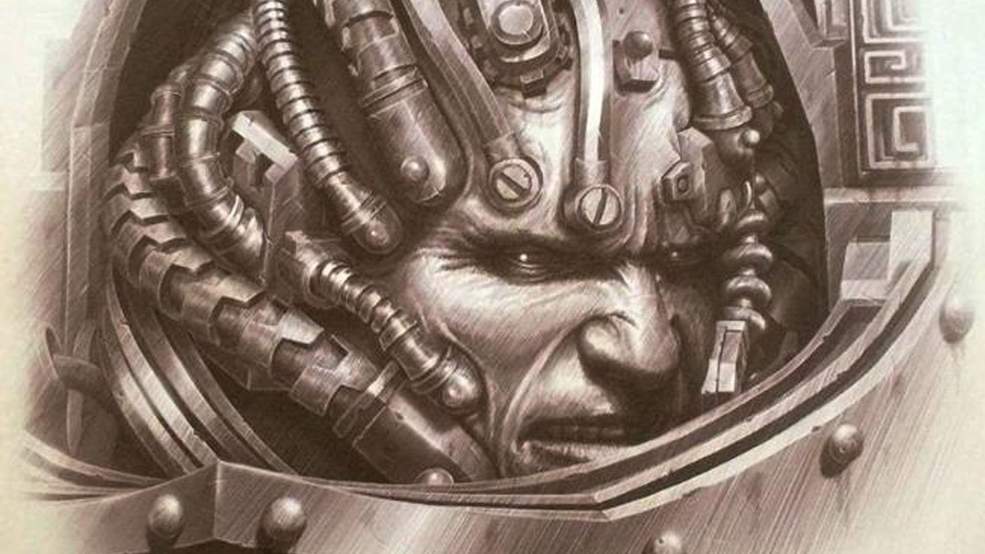 Warhammer 40k Perturabo guide - Games Workshop artwork showing a portrait of Perturabo's face close up, covered in data ports, plugs, and cables