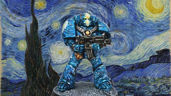 Warhammer 40k Space Marine painted by Emma Svensson, against a backdrop of Van Gogh's Starry Night