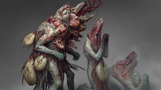 Warhammer Mordheim designer Tuomas Pirinen is teaming up with MTG card artist Mike Franchina to make a skirmish wargame - Mongrel Supplicants by Mike Franchina, people covered in giant ticks gradually transforming into wolf-like abominations