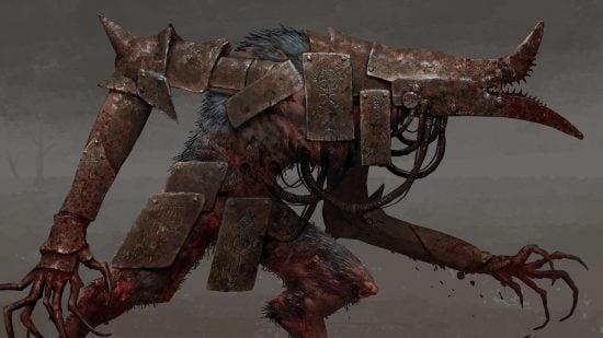 Warhammer Mordheim designer Tuomas Pirinen is teaming up with MTG card artist Mike Franchina to make a skirmish wargame -Wehrwolf illustration by Mike Franchina, a huge wolfman in rusted iron armour