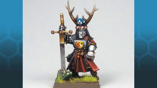Warhammer the Old World Bretonnian Paladin converted by Andrea Meli, front view, painted