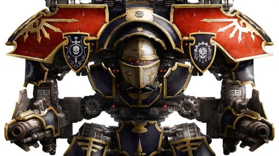 Closeup of a Warlord Titan, front aspect - a huge, hunch-backed walking warmachine. Image by Games Workshop