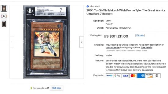 YuGiOh Tyler the Great Warrior auction listing on eBay