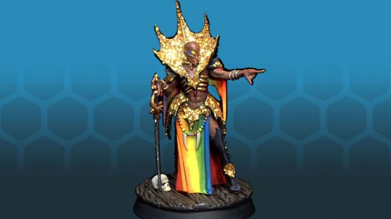 Age of Sigmar vampire limited edition model Anasta Malkorion, painted as a drag queen, with bald head, amazing sequined high collar, and rainbow tabard