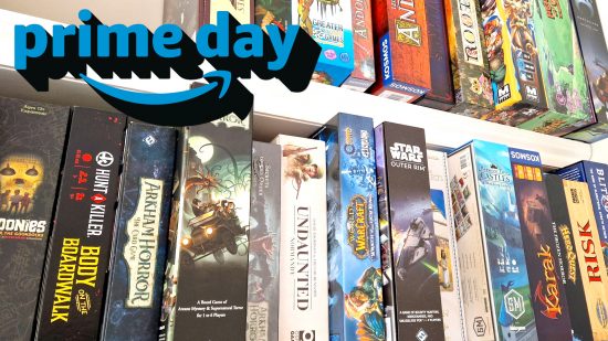 Amazon Prime Day board game deals - author photo of a shelf of board game boxes, with an overlaid Amazon Prime Day logo