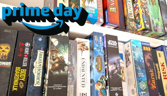 Amazon Prime Day board game deals - author photo of a shelf of board game boxes, with an overlaid Amazon Prime Day logo
