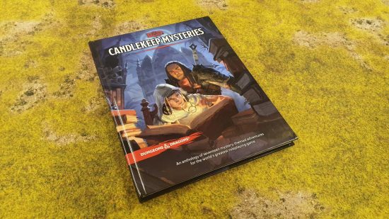 Best DnD books guide - Wargamer photo showing the front cover art of the Candlekeep Mysteries regular edition book, with characters studying a book in the library
