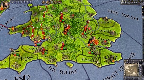 Best free strategy games guide - Crusader Kings 2 screenshot showing the in game map of Britain with multiple units