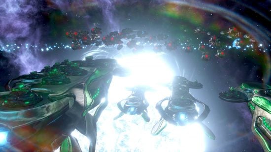 Best grand strategy games guide - Stellaris screenshot showing a fleet of 3d starships arrayed for battle