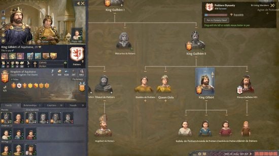 Best grand strategy games on PC guide - Crusader Kings 3 screenshot showing your noble's family tree screen with various in game stats