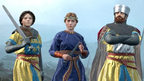 Best grand strategy games on PC guide - Crusader Kings 3 screenshot showing 3D models for three characters, two in armor, armed for war, and one a courtly spy and assassin holding a dagger