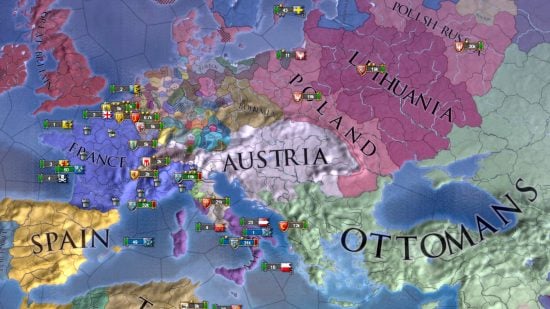 Best Grand Strategy games on PC 2023 - Europa Universalis 4 screenshot showing a coloured map centered on Europe with unit symbols