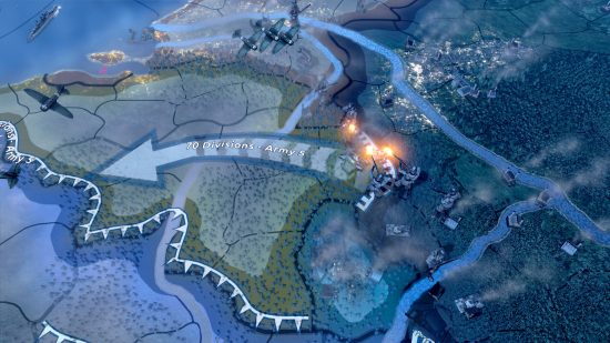 Best grand strategy games on PC guide - Hearts of Iron 4 screenshot showing a Division advance order on the map, displayed as an arrow heading west towards a new front line