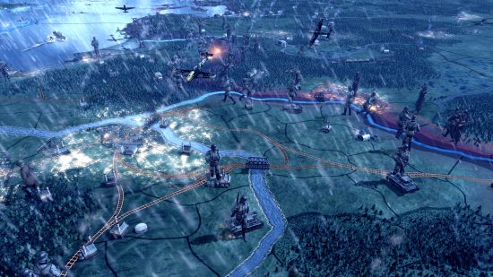 Best grand strategy games on PC guide - Hearts of Iron 4 screenshot showing various units on the Europe campaign map, with railway supply lines between and aircraft overhead
