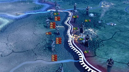 Best grand strategy games on PC guide - Hearts of Iron 4 screenshot showing two factions' units on either side of a frontline running through a city