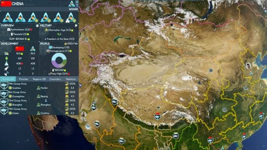 Best grand strategy games on PC guide - Terra Invicta screenshot showing the in game viewer centered on China, showing a readout of military forces in the area