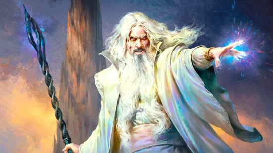 Best MTG Lord of the Rings Commanders guide - Wizards of the Coast MTG card art from the card Saruman of Many Colors, showing the wizard Saruman in a white robe, casting a spell