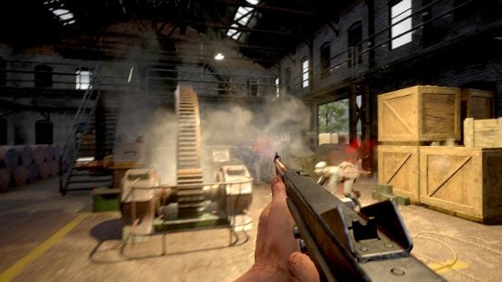Best WW2 Games guide - Hell Let Loose screenshot showing an allied soldier running into a German held factory building armed with a Thompson Submachine gun