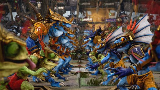 Blood Bowl 3 Season Pass launches for free with Lizardmen team - screenshot by Cyanide studio, two lizardmen teams face off across the line of scrimmage