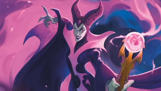 Disney Lorcana lawsuit - purple and pink art of the witch Maleficent from the Lorcana TCG