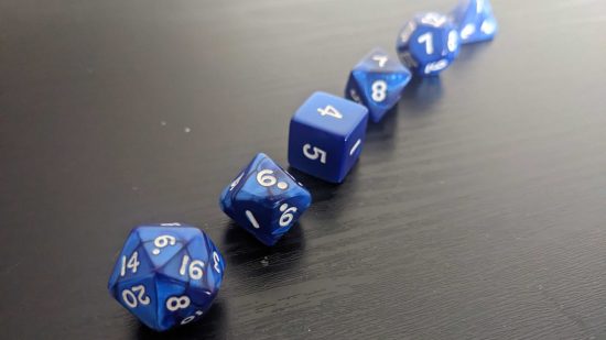 DnD dice set in a line