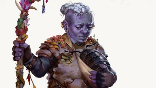 Wizards of the Coast art of a DnD Druid 5e gnome with purple skin