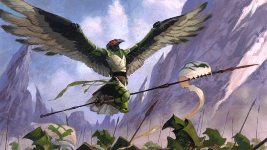 DnD fall damage 5e - Wizards of the Coast art of an Aarakocra carrying a flag in its talons