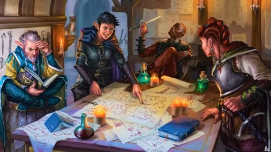 DnD long rest short rest 5e - Wizards of the Coast art of adventurers planning a heist around a table